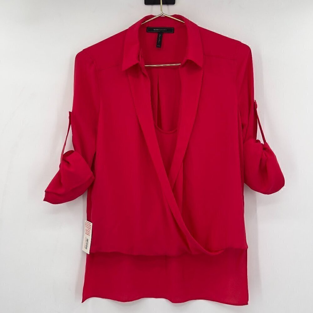 BCBGMaxAzria Gisella High- Low Ruby Red Tab Roll Sleeve Shirt/Blouse XXS NWT
